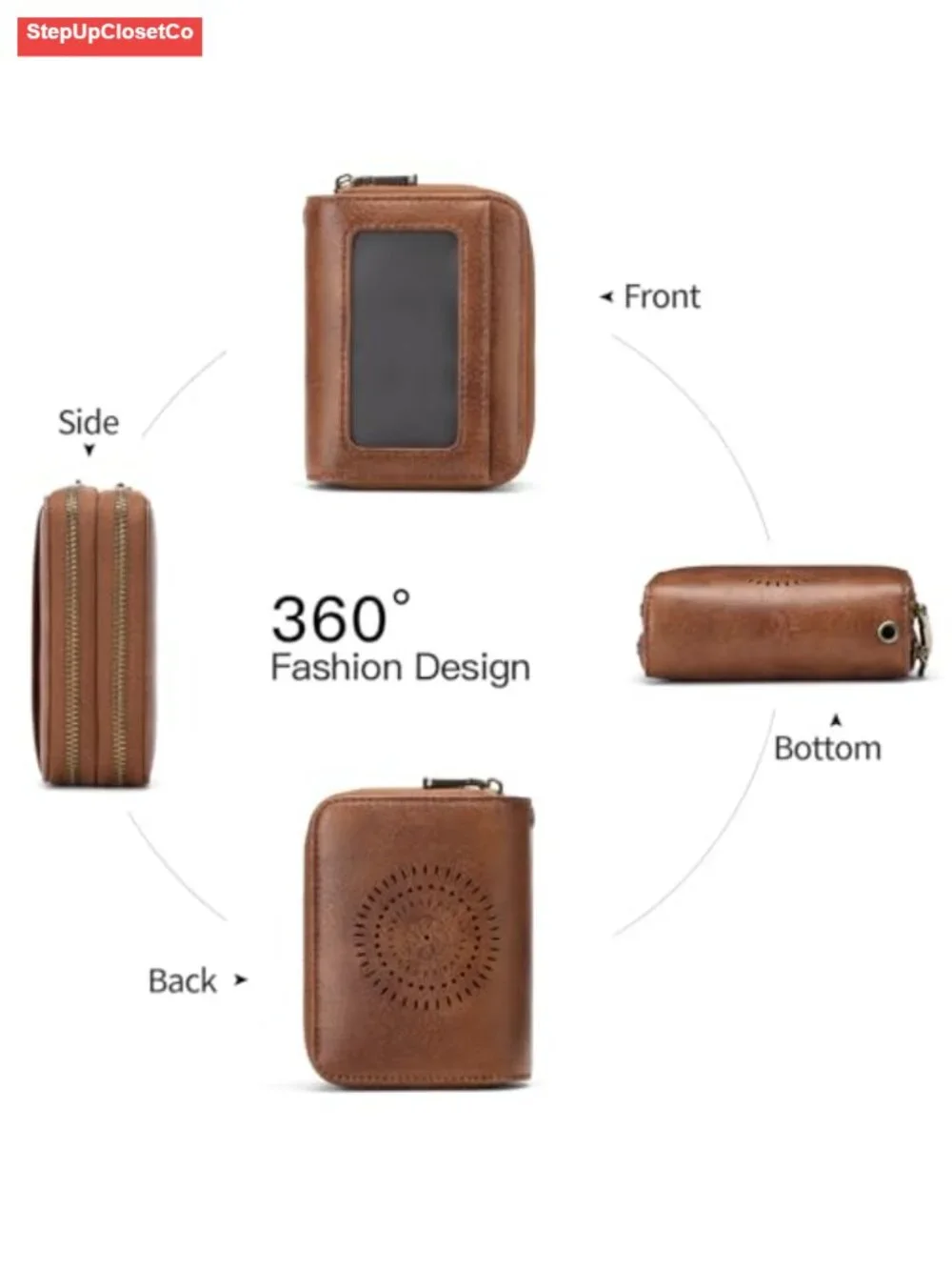 Vegan Leather RFID Blocking Double Zipper Wristlet Card Holder with ID Window